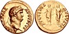 Nero. AD 54-68. AV Aureus (18mm, 7.38 g, 6h). Rome mint. Struck circa AD 64-65. NERO CAESAR AVGVSTVS, laureate head right / AVGVSTVS AVGVSTA, Nero, radiate and togate, standing left, holding patera and scepter; behind him, his wife, Poppaea Sabina, veiled