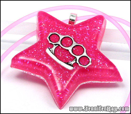 Girly Knuckles Necklace - Neon Pink Glitter Brass Knuckles Resin Star Pendant by JenniferRay.com