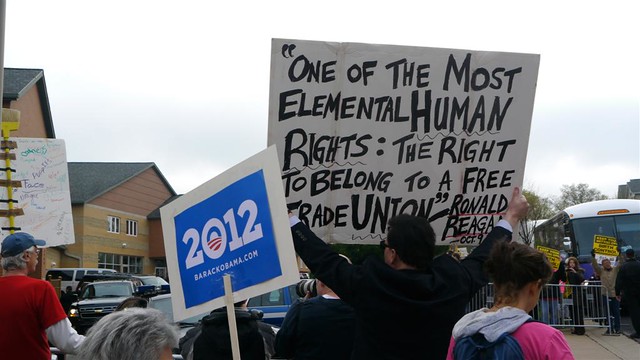 Reagan quote on freedom and labor at Give Mitt Shitt protest in Wisconsin