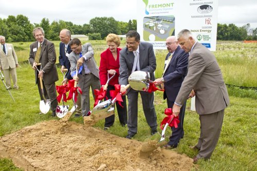 Groundbreaking at the Fremont, Michigan, Community Digester.  From left:  City of Fremont Mayor James Rynberg, Rob Zeldenrust of North Central Co-Op, Arvin Shah of INDUS Energy, U.S. Sen. Debbie Stabenow,  NOVI Energy President Anand Gangadharan, USDA Rural Development State Director for Michigan James J. Turner, and state Rep. Jon Bumstead.