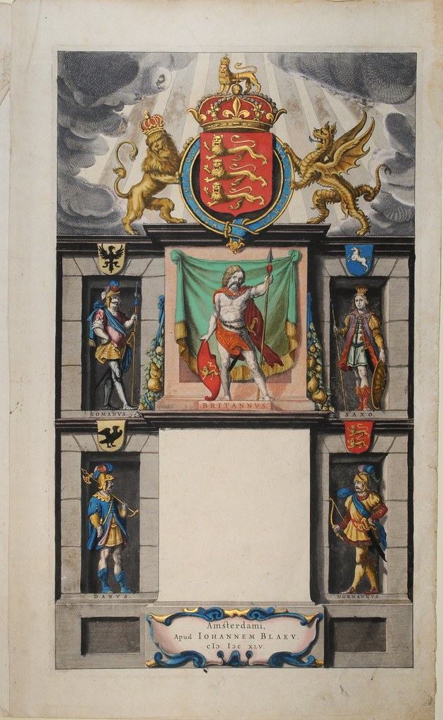 Incomplete hand-painted titlepage (Blaeu): military figures in monument alcoves and coat of arms above