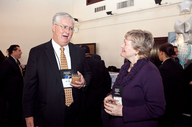 John Kazmac of APL Logistics chatted over coffee with USA-ITA President Julie Hughes.