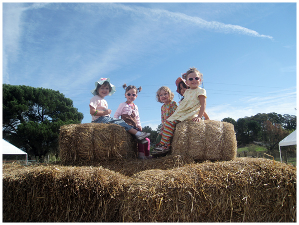 Girls atop a hay pyramid