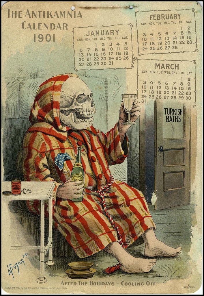 seated skeleton in striped robed pyjamas contemplates his wine | calendar