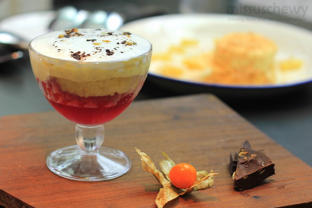 White sherry and strawberry trifle, chocolate coated pumpkin seeds 14