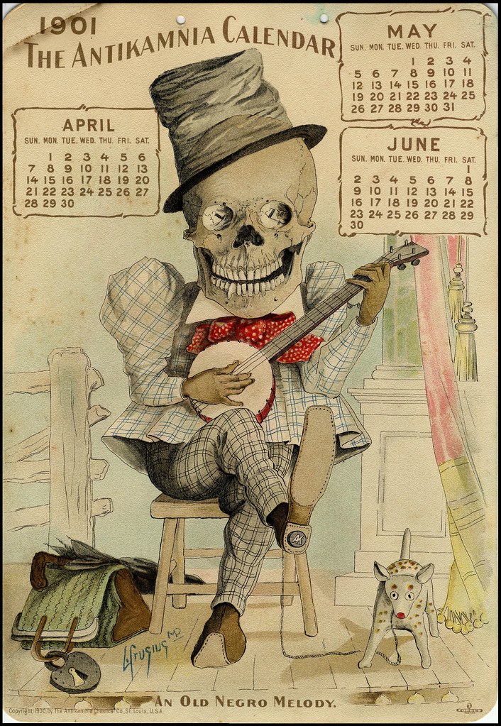 smiling seated skeleton wearing suite and hat plays banjo