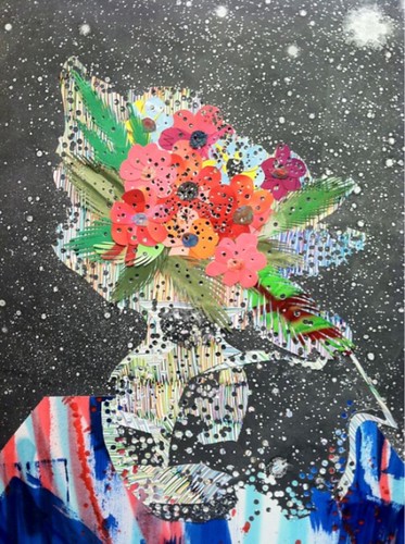 Collage de Steven Riddle représentant un pot de fleur cosmique (?)