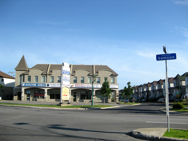 A strip mall designed to look like a McMansion