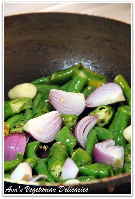 Stir fry green chili, onion & garlic to make Green Chili Chutney