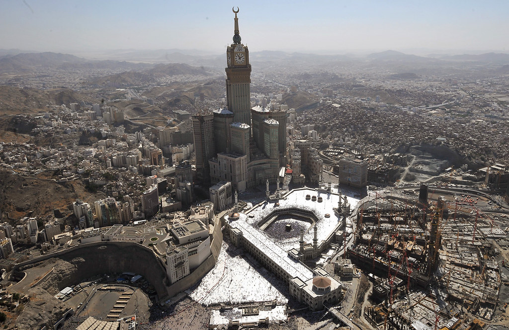 An aerial view shows the Mecca Clock Tower as Muslim pilgrims walking around the Kaaba in the Grand Mosque of the holy city of Mecca during the annual Hajj pilgrimage rituals on November 7, 2011. (Fayez Nureldine/AFP/Getty Images)