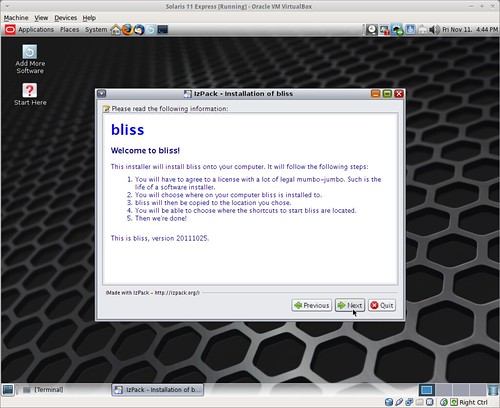 First page of installer for bliss on Solaris