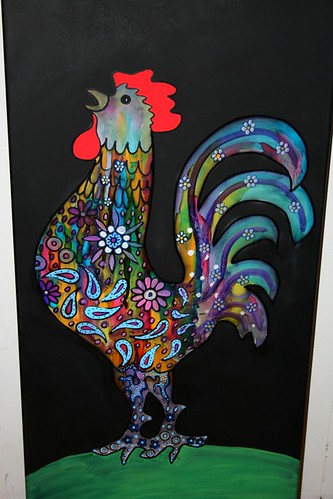 Funky Rooster on Old Cupboard Door by Rick Cheadle Art and Designs