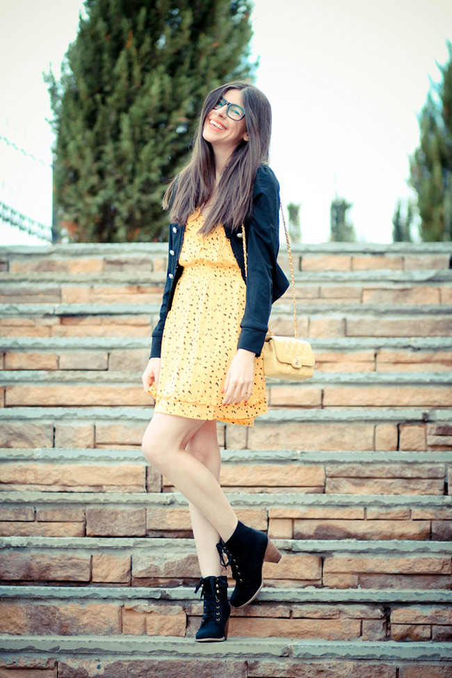 Modcloth Yellow Dress, Vintage Chanel bag, Ankle boots, Fashion outfit, Glasses