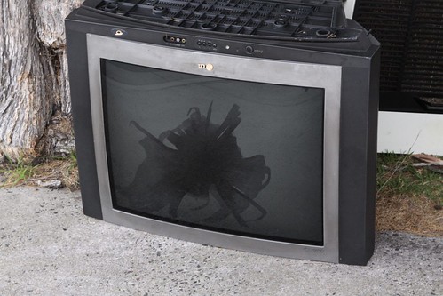 Broken shadow mask on a thrown out TV