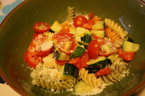 pasta with zucchini, parmesean cheese, cherry tomatoes, red peppers