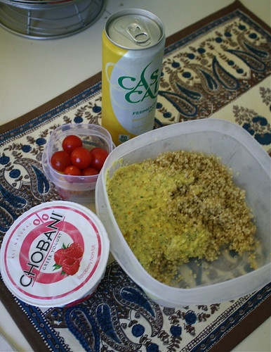 Chobani raspberry, quinoa, cascal, tomatoes