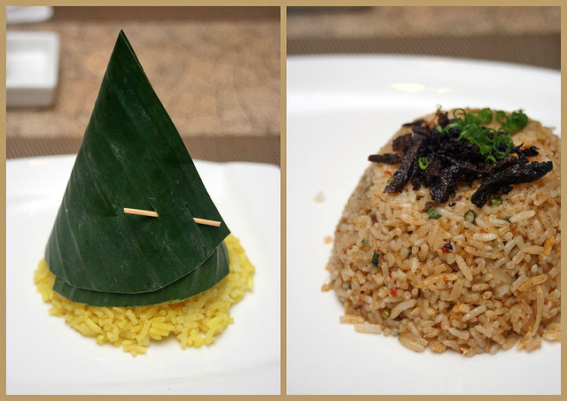 Tumpeng Nasi Kuning and Nasi Moluccas (topped with shredded dried beef)