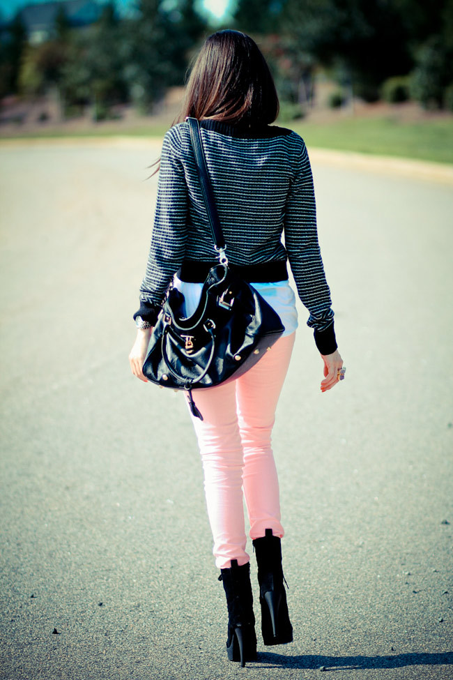 Striped Sweater, Hot Pink Neon Skinny Jeans, Black Ankle boots, Paddington Chloe bag