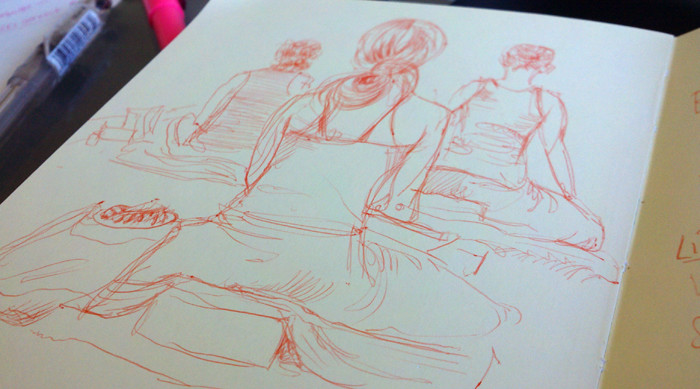 sketchbook drawing of yogis sitting in yoga teacher training