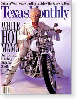 Ann Richards on Texas Monthly cover sitting on a white motorcycle.