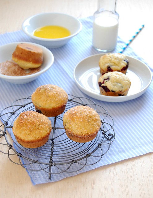 Blueberry muffins with doughnut topping / Muffins de mirtilo com cobertura de doughnut