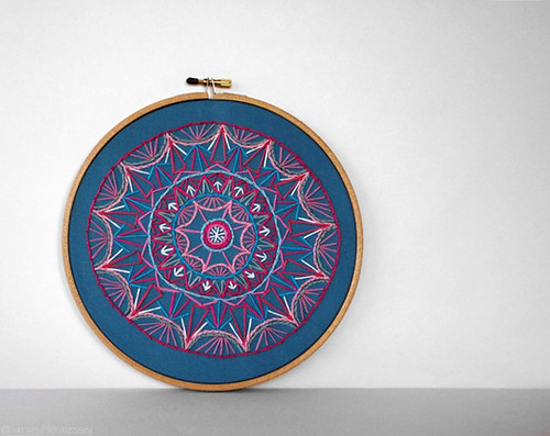 Teal, Pink and White Embroidered Mandala by Sarah Hennessey