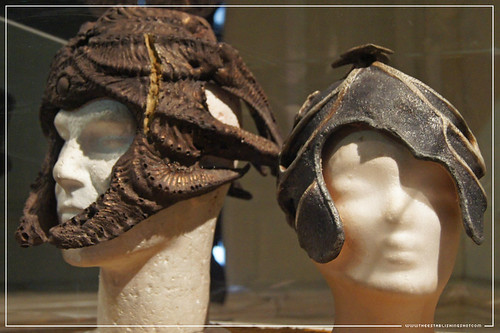 Conan The Barbarian Exhibition - London Film Museum : The Mask of Acheron or Blood Mask & Diana Lubenova's Warrior Archer Cheren's Battle mask  from Conan The Barbarian by Craig Grobler
