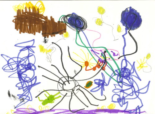 "Asher, Alex, and Noah Fighting a Black Monster" Asher's Art, 4.5 Years Old