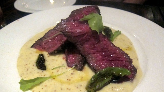 hanger steak over mustard potato purée at one eared stag