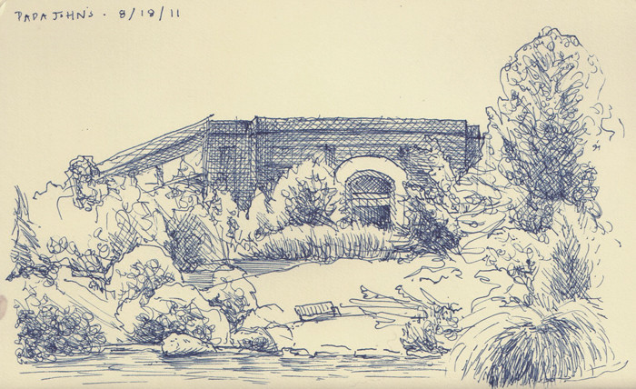 sketchbook drawing of the grounds of Papa Johns International