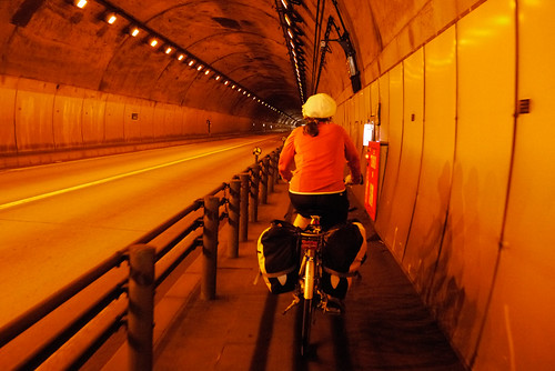 Cycling through tunnel near Bikuni, Shakotan Peninsula, Hokkaido, Japan