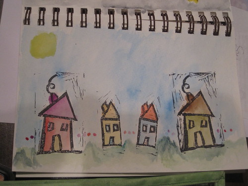 painting stamped houses with watercolor