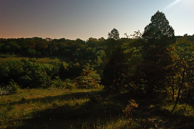 Valley View Glades Natural Area, near Morse Mill, Missouri, USA - view with long shadows, by moonlight