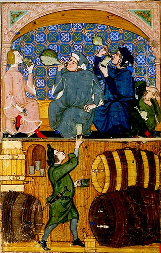 Gluttony., tavern drinking.  Italy c.1330-40. Add. 27695 BL. by tony harrison