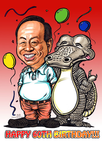 Birthday caricature for Heng Long with crocodile - gradient red