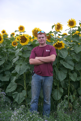 6 ft tall Callum poses by one of our sunflower fields we will cut this fall.
