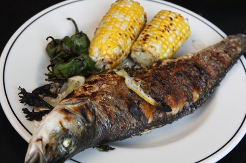 Grilled Branzino, Corn, and Padron Peppers