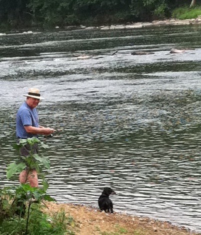 Joe Elton shore fishing at Shenandoah River State Park with Buddy