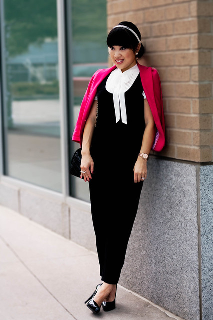 zara hot pink blazer, express pleated trouser pants, aldo black patent pumps, chanel classic lambskin m/l flap purse, sproos pearls of wisdom headband, forever 21 pearl connector ring, mk5430