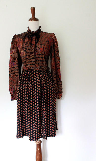 Autumn Paisley Blouson Dress, vintage 80s
