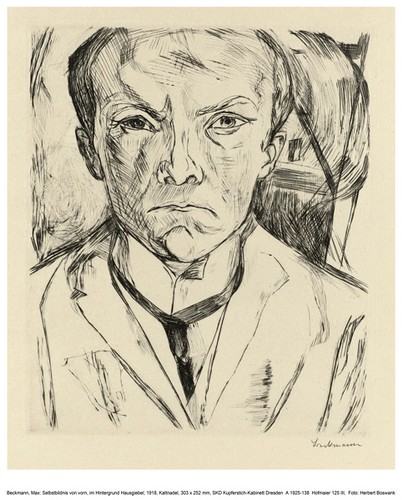 Self-portrait from the front, gabled house in the Background - Max Beckmann 1918