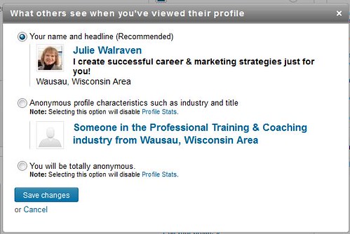 Snapshot of Julie's LinkedIn Profile View Settings
