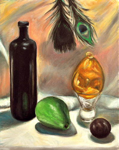 Avocado and feathers still life by Gayle Bell