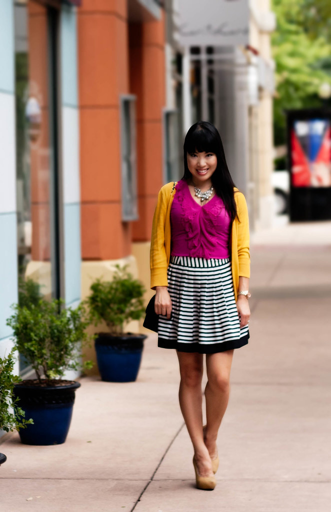 target mossimo mustard cardigan, the limited fuchsia cutout trim tank, forever 21 striped pleated skirt, mk5430, charlotte russe pearl bib necklace, forever 21 mustard pumps, chanel quilted classic lambskin m/l flap purse