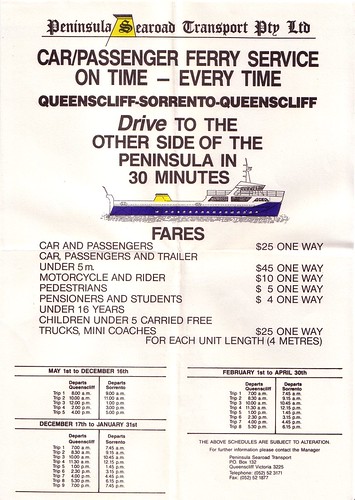 1987 timetable and fares for the Queenscliff - Sorrento ferry