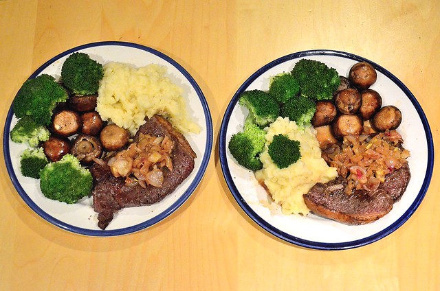 Homemade rare steak with roasted vegetables and creamy mash