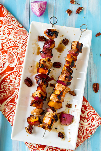 Chicken, peach, and sweet potato skewers