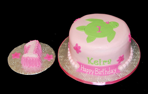 1st birthday pink and green sea turtle Hawaiian cake and smash cake