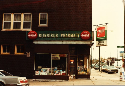 Blinstrub Pharmacy on the southeast corner of South Kedzie Avenue and West 64th Place in Chicago's Marquette Park neighborhood. (Gone.) Chicago Illinois USA. March 1985. by Eddie from Chicago