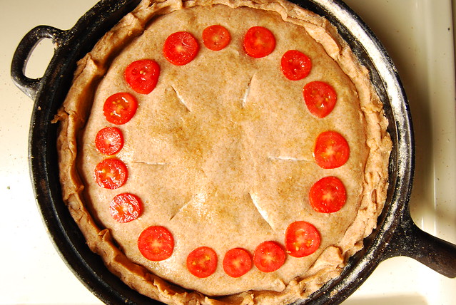 Vegan tomato and corn pie.